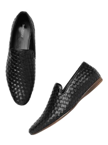 Image of San Frissco Leather Basketweave Handcrafted Leather Slip-Ons Regular Styling Cushioned Footbed|Comfortable Fashionable Stylish Flexible for Men
