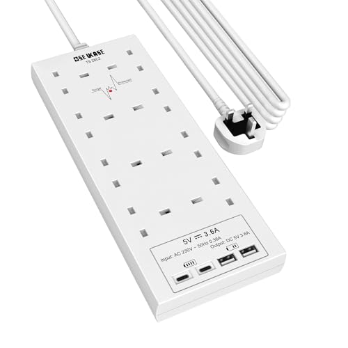 Extension Lead with USB Slots 8 Way Socket Surge Protection with 4 USB Charger(2C+2A) Multi Plug 2990W Safety Shutter with 4M Extension Cord for TV PC Laptops Tablets