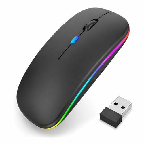 Image of PowerHaus Dual Mode Rechargeable Wireless Mouse, Bluetooth + 2.4GHz Connectivity, Silent Clicks, Adjustable 1600 DPI, RGB LED Lights, Nano USB Receiver, Slim Portable Design - Black
