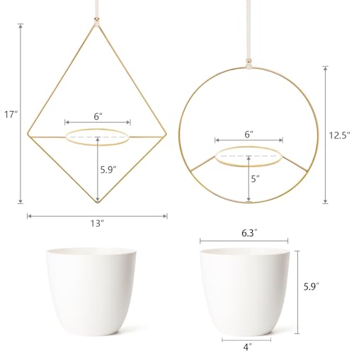 Mkono Boho Metal Hanging Planter with Plastic Pots, Set of 2 , Modern Mid Century Flower Pot Plant Holder in Diamond and Circle Shape, Fits 6 Inch , Gold - Image 4