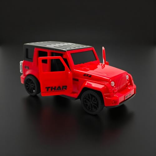 Image of The Flyers Bay 1:16 Scale Remote Control Thar Jeep 4x4 with Lights, Music, and Openable Doors | Built-in Arjan Valley Song | Rechargeable Off-Road SUV Car Toy for Kids (Thar Red)