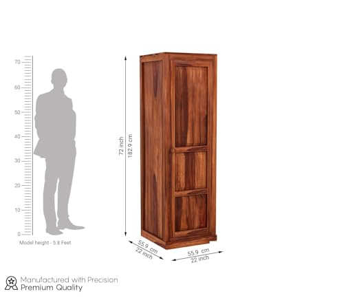 Image of Sheesham Wood Wooden Single Door Wardrobe Organizer for Clothes | - Solid Wood Almirah with 2 Drawers, 2 Shelves with Hanging Space - Cupboard for Large Bedroom, Natural Finish