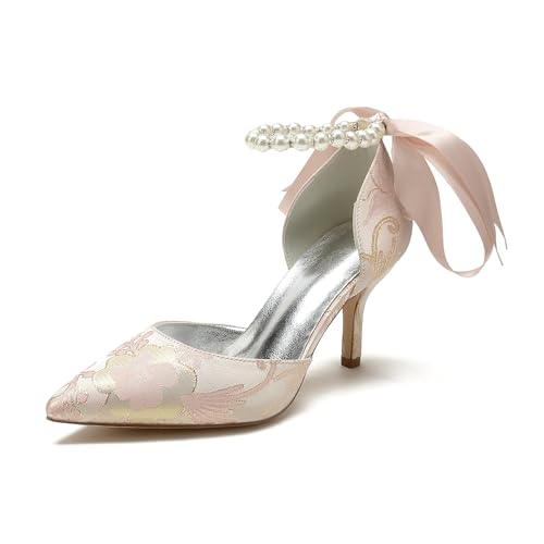 Women's Floral Satin Stilettos Pointed Toe Pump Heels Pearl Bridal Shoes Prom Party Dress Wedding Shoes