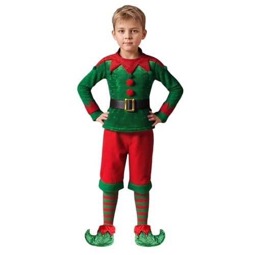 Genérico Disfraz de Elfo de Navidad para Niña Traje Navideño Infantil Vestido de Duende con Cinturón Gorro y Medias Ropa de Fiesta Escolar y Espectáculos de Navidad