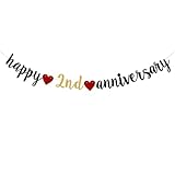 QFiesy Happy 2nd Anniversary Party Banner, Black Glitter 2 Years Anniversary Garland, Wedding Banner Party Decorations (Pre-Strung)