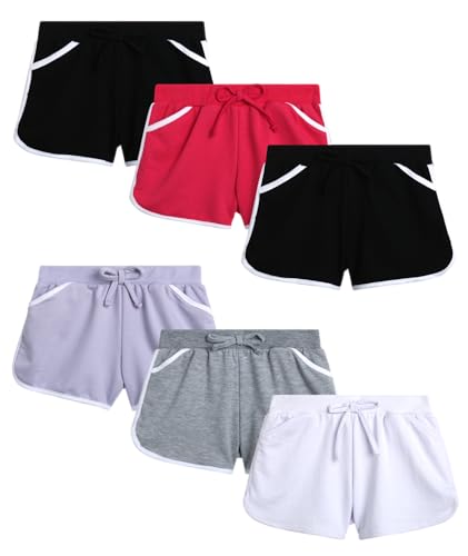 Real Love Girls Athletic Shorts - 6 Pack French Terry Active Dolphin Shorts with Elastic Waistband (Sizes 7-16)