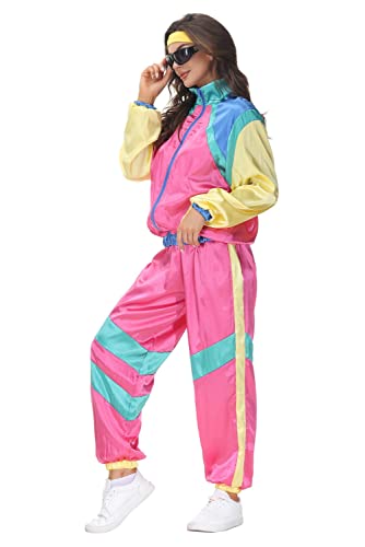Womens 80s Tracksuit Retro Hip Hop Windbreaker Women Disco Tracksuit Sets Colorblock One Piece Outfits Set2