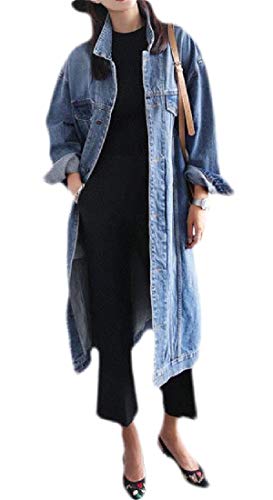 Mstyle Women's Plus Size Loose Jean Button Down Trench Coat Long Denim Jacket Coat Outerwear Blue L