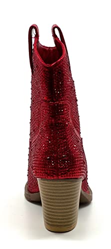 FOREVER Women Rhinestone Block Chunky Heel Ankle Bootie River-01 Red 10,Red Rhinestone-014