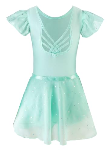Image of EQSJIU Ballet Leotards for Girls with Removable Skirt Combo Tie Ruffle Sleeve Ballet Dance Dress Outfit 2-12 Years
