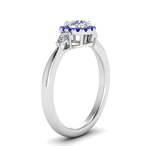 Image of Sterling Silver Sapphire & CZ Diamond Halo Engagement Ring with Pear Accent, Round Shape, Wedding & Everyday Jewelry for Women, US Sizes 4-12
