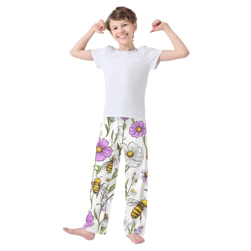ZZXXB Spring Bee and Flowers Boys Long Pants Soft Trousers Elastic Waist Kids Lounge Bottoms with Pockets S-XL3