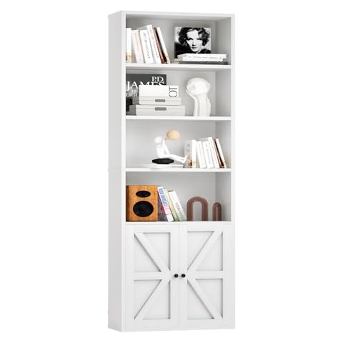 oneinmil 71.5" Tall Bookshelf and Bookcase, 6-Tier Wooden Bookshelves with Cabinet Doors, Floor Bookshelves and Office Storage Cabinets for Home Office, Living Room (White 1 Pack, 6-Tier) Cover