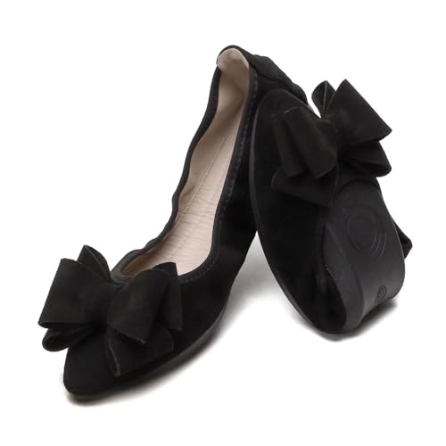 Stunner Womens Dress Flats Bow Pointed Toe Foldable Flats Comfort Slip on Wedding Shoes Black 44(12) 2