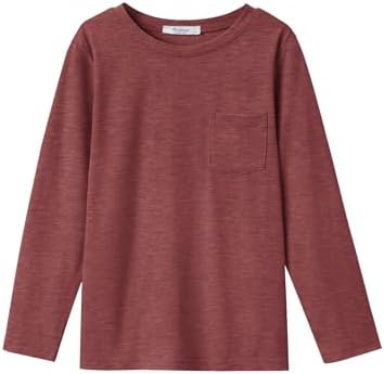 Arshiner Boys Long Sleeve Shirts Casual Crewneck T Shirt Solid Tees Tops with Chest Pocket for Kids 5-12 Years