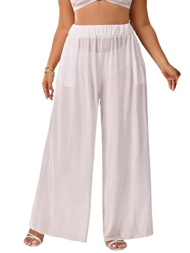Floerns Women's Plus Size Sheer Mesh Elastic Waist Wide Leg Beach Cover Up Pants White 1XL
