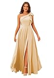 BITALY Women's One Shoulder Prom Dress with Bow Long Satin Pleated A Line Champagne Bridesmaid Dresses with Slit for Wedding 4