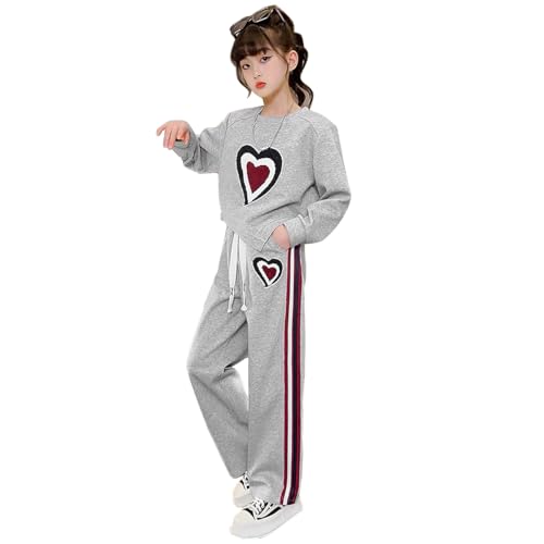 Tilozs Mädchen Trainingsanzug Langarm Rundhals-Sweatshirt & Elastische Taille Jogginghose Kinder Jogginganzug, Grau, 134-140(Herstellergröße:140)