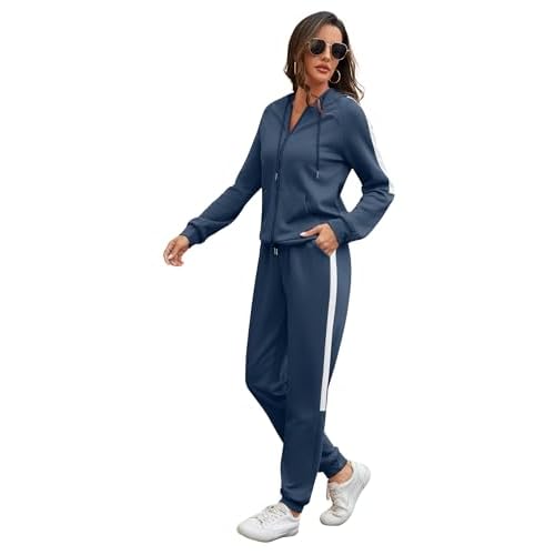 Marvmys 2 Piece Tracksuit for Women Set Zip Up Hoodies Sweatsuits Color Block Jogging Suit with Pockets Navy Blue Small