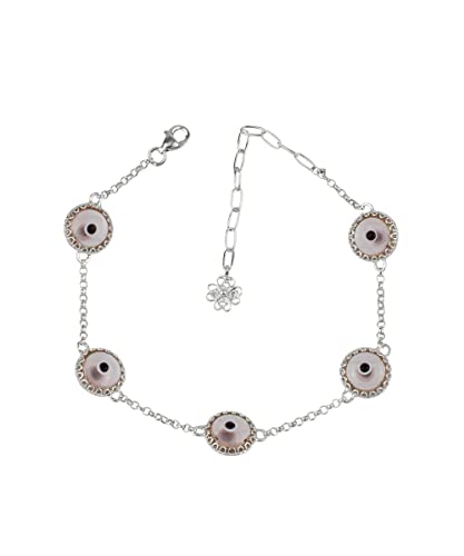 Gold Plated - Sterling Silver Translucent Murano Glass Evil Eye Women Charm Link Bracelet, Gift Boxed