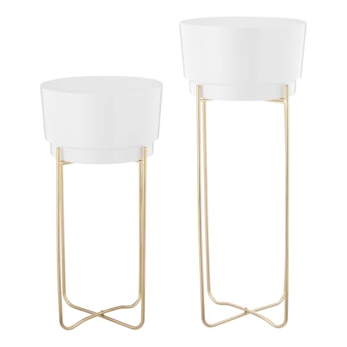 Image of amazon basics Metal Planter Flower Pot with Stand (Set of 2) | for Home Decor | (Medium) (White and Gold Finish)