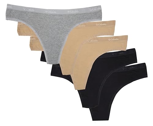 Columbia 4-Way Stretch Cotton Thong 5-Pack Tanga, Negro/Canoa Nude/Heather Grey, XXL (Pack de 5) Mujeres