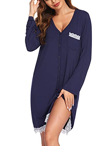 Image of Ekouaer Women's Nightgown Striped Tee Long Sleeve Comfy Sleep Nightshirt Button Down Pajama Dress