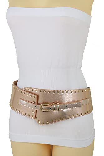 Women Western Fashion Wide Wasited Elastic Belt Hip Waist Metal Studs Buckle S M Rose Gold4
