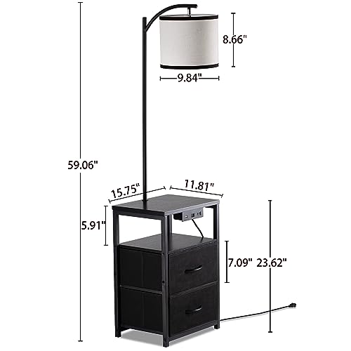 Image of SUNMORY Floor Standing Lamp with Table & 2 Drawers, USB & AC Charging Port | 3 Color Temperature LED Bulb, Modern Nightstand for Bedroom, Shelves End Side Table Lamp for Living Room Home Office, Black