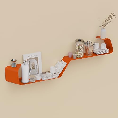 Sttoraboks Floating Wall Shelves Set of 3, Metal Mounted Shelf with Unique Design, Bookshelf for Storage & Display in Bathroom, Bedroom, Kitchen, Living Room, Orange Home Decor