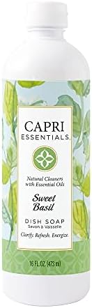CAPRI ESSENTIALS Sweet Basil Natural Dish Soap Liquid w/Essential Oils – Plant-Based Dish Cleaning Supplies – Chemical-Free Household Cleaning – Natural Cleaning Products (16 oz)