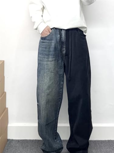 Men’S Trendy Hip Hop Loose Wide Leg Cargo Pants Button Fly High Waist Distressed Splicing Contrast Full Length Jeans3