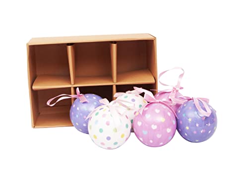 Ciao Set of 6 decoupage Christmas Tree Balls (diameter 7,5cm) Dots, Hearts & Stars with fabric ribbon in havana giftbox - Image 2