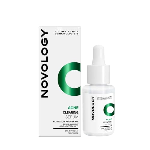 Image of Novology Acne Clearing Serum, 0.1% Thymol & Terpineol, Niacinamide, Pimples, Whiteheads, Blackheads, Excess Sebum, Sensitive Skin, Non Irritant, Clinically Proven, Fragrance Free, Dermat Tested - 10ml