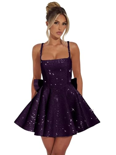 Sequin Homecoming Dresses Square Neck Short Prom Dress with Bow Spaghetti Straps Cocktail Party Gown