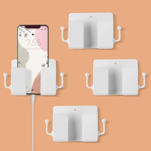 Image of Pack of 4 Wall Mount Self-Adhesive Wall Storage Mobile Holder | Mobile Phone Charging Bracket | Multipurpose Organizer Wall Mount Holder for Remotes,Phone (White)