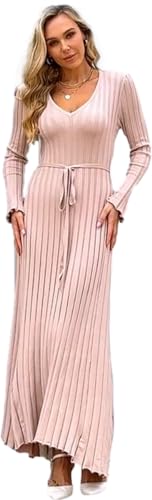 Image of Women's Long Knit Crewneck Sweater Dress Tie Waist A-Line Swing Pleated Bodycon