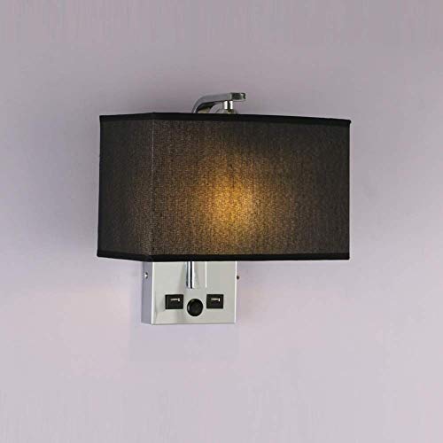 Preisvergleich Produktbild BJYG E27 Wandleuchte mit 2 USB-Anschluss Wandleuchte Stoffschirm Wandbeleuchtung Helle Nachtleuchte Leselampe mit Schalter für Schlafzimmer (Schwarz)