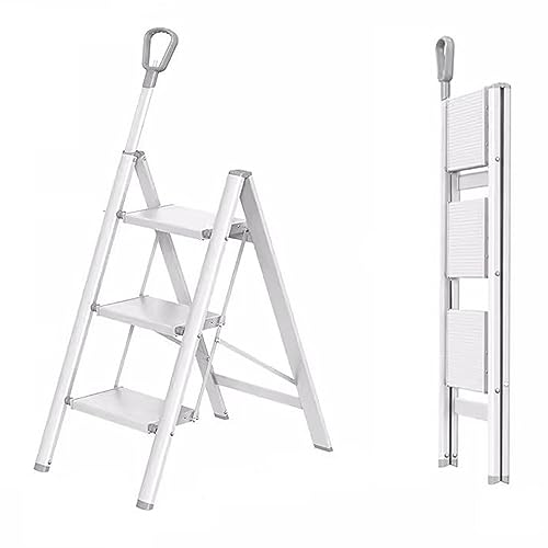 Escalera de 3 peldaños con pedal ancho antideslizante y retráctil, taburete plegable de aluminio ligero para el hogar, cocina, jardín y acceso portátil multiusos
