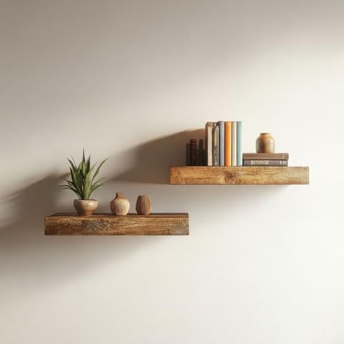 Image of Solid Wood Floating Wall Shelves | Rustic Wooden Display Shelves for Living Room, Bedroom, Kitchen & Bathroom | Heavy Duty Wall Mounted Shelves (9 Inches, 2 Shelves)
