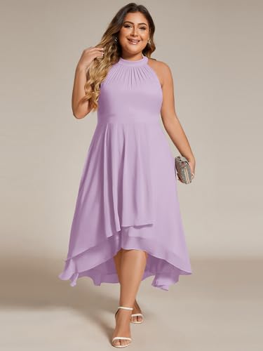 Image of Ever-Pretty Plus Women's Sleeveless Halter A Line Pleated High Low Plus Size Wedding Guest Cocktail Dresses 31926-DA