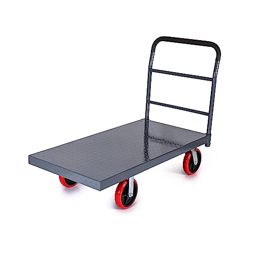 5Seconds Flatbed Platform Cart Industrial Dolly Cart Heavy Duty 48” x 24” Platform Hand Truck Push Cart Super Heavy Duty Daimond Plate Flatbed Cart with 3000Lb Capacity 8'' Swivel Wheels Moving Cart