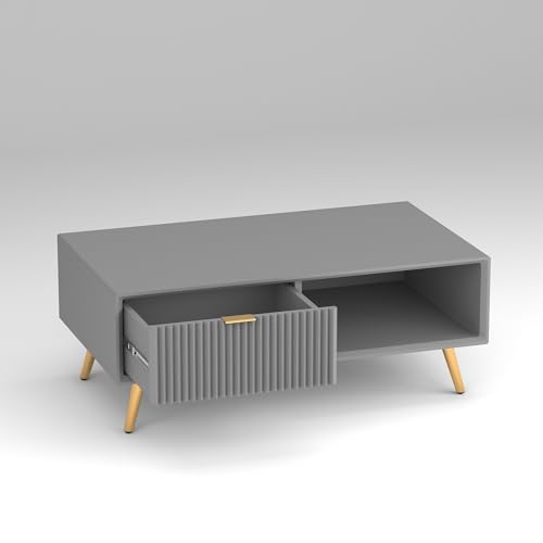 Image of ONIJA Modern Coffee Table for Living Room | HDMR Premium Wood Center Table with Storage Shelf | Matte Finish Coffee Table | Wooden Tea Table with Sturdy Legs (Grey)