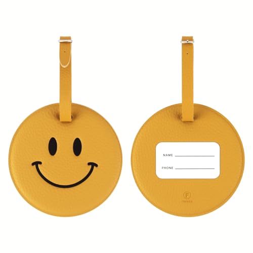 FENICE Vegan PU Leather Smiley Face Name Tag with Belt Buckle Strap Closure for Suitcase Luggage Tavel Bag (Yellow-Smile)