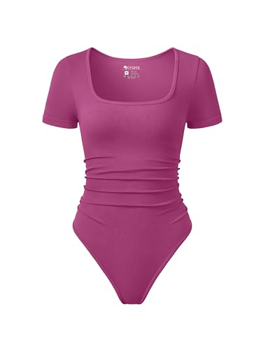 Image of OQQ Women Bodysuits Ruched Short Sleeve Square Neck Stretch Lounge Travel Bodysuits