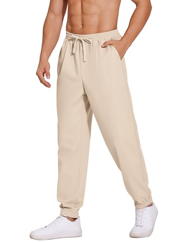 COOFANDY Herren Hose Lange Leinenhose Leicht Sommerhose mit Gummizug Strandhose Herren Freizeithose Loose Fit Beige XL