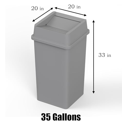 Image of 35 Gallon Gray Square Commercial Trash Garbage Can with Lid | Outdoor Office Restaurant School Kitchen