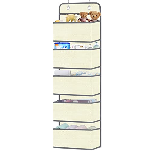 Image of VERONLY Over the Door Hanging Organizer with 5 Large Pockets - Wall Mount Pantry Storage with 2 Big Metal Hooks for Closet,Bathroom,Nursery,Bedroom,Dorm,Baby Diapers,Kids Toys (Beige)