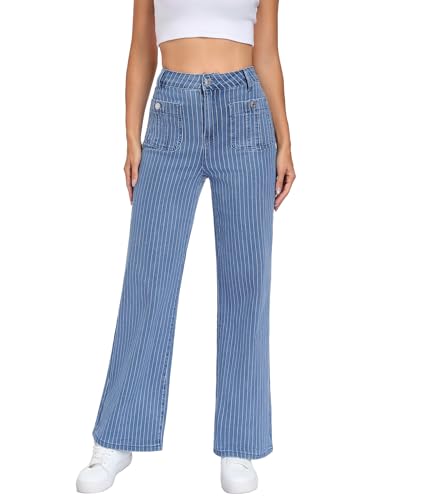 MARIASHA Wide Leg Jeans for Women, High Waist Stretchy Baggy Jeans, Blue Washed Denim Pants with Dual Pockets