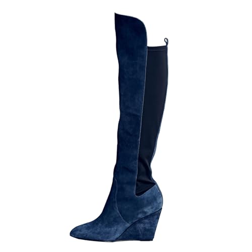 10CM/3.93IN camoscio Blu Donna Punta Rotonda Tacco Alto Stivali al